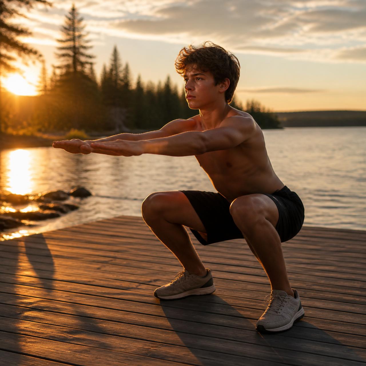 Young athlete doing bodyweight squats on a lakeside dock at sunset